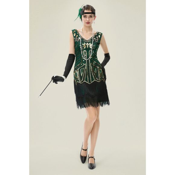 Women’s Flapper Dresses Set 1920s V Neck Beaded Fringed Great Gatsby Dress🐭 Accessories